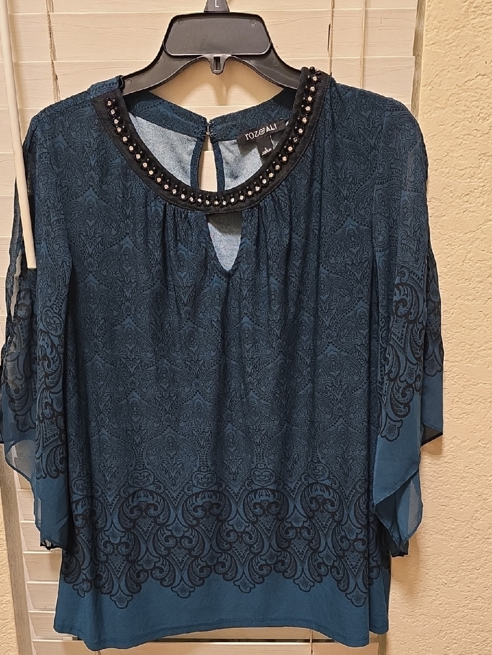 Roz & Ali Deep Teal Beaded-Neck Blouse